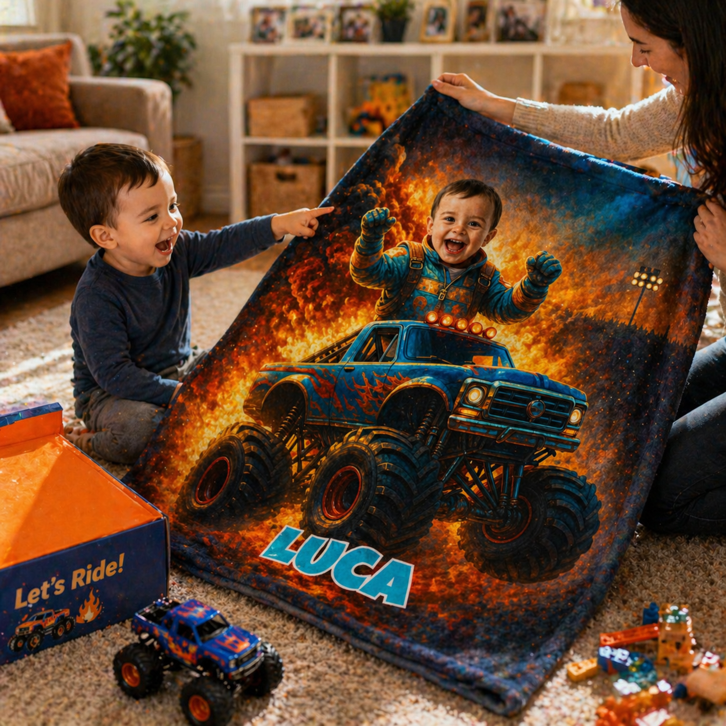 Personalized Monster Truck Blanket for Kids – Custom Photo & Name, Boys Gift, Birthday Gift, Truck Lover Blanket