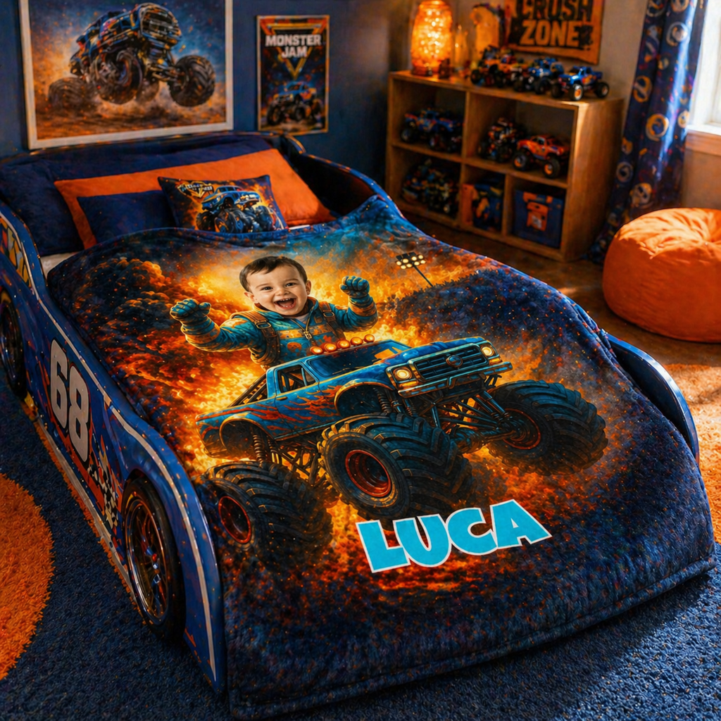Personalized Monster Truck Blanket for Kids – Custom Photo & Name, Boys Gift, Birthday Gift, Truck Lover Blanket