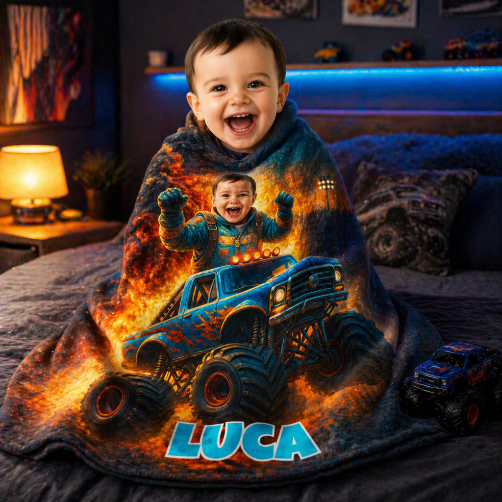 Personalized Monster Truck Blanket for Kids – Custom Photo & Name, Boys Gift, Birthday Gift, Truck Lover Blanket