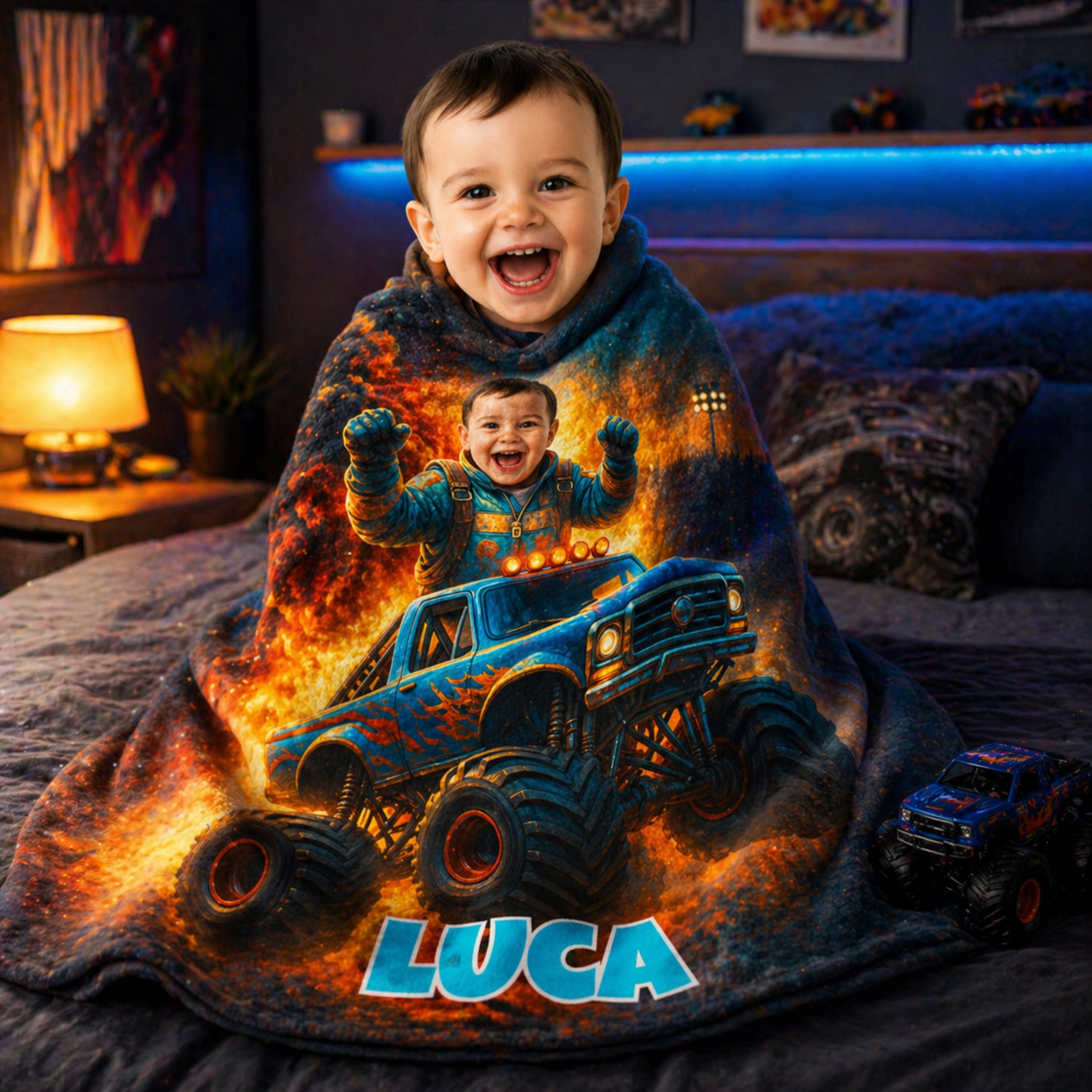 Personalized Monster Truck Blanket for Kids – Custom Photo & Name, Boys Gift, Birthday Gift, Truck Lover Blanket