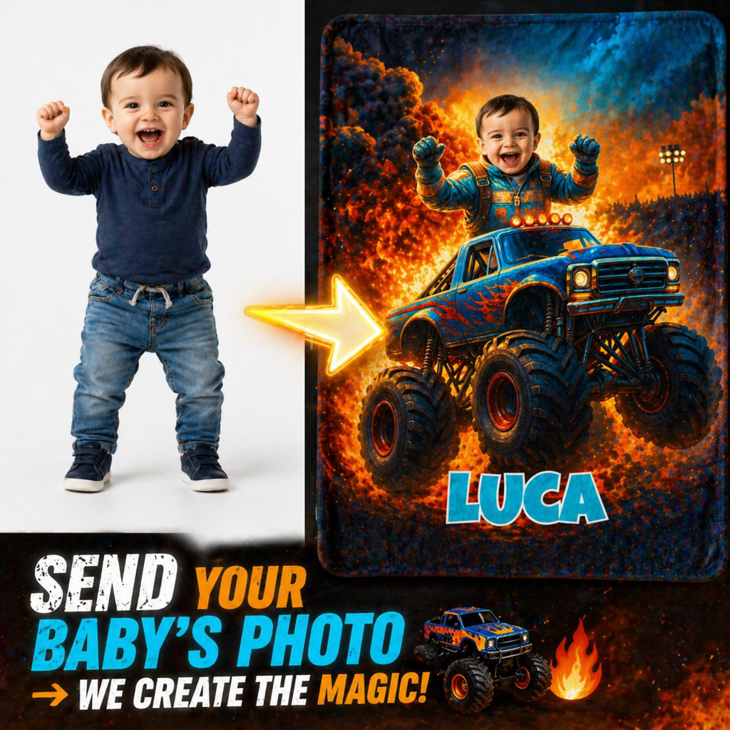 Personalized Monster Truck Blanket for Kids – Custom Photo & Name, Boys Gift, Birthday Gift, Truck Lover Blanket