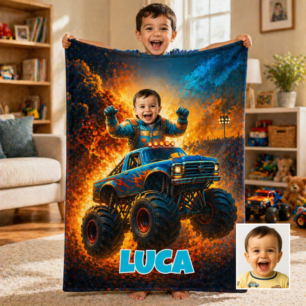 Personalized Monster Truck Blanket for Kids – Custom Photo & Name, Boys Gift, Birthday Gift, Truck Lover Blanket