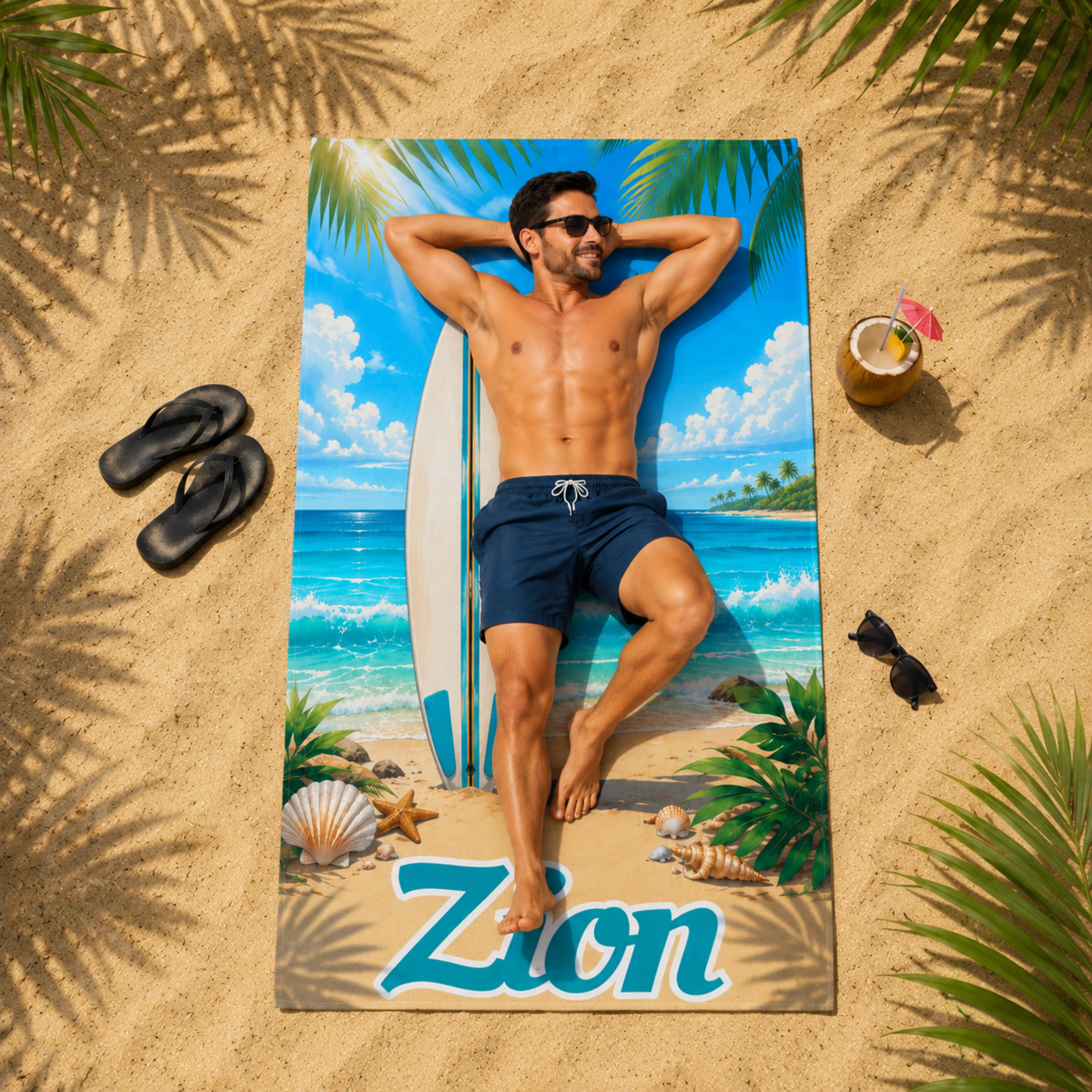 Personalized Surfboard Beach Towel, Custom Face Name Funny Vacation Gift.