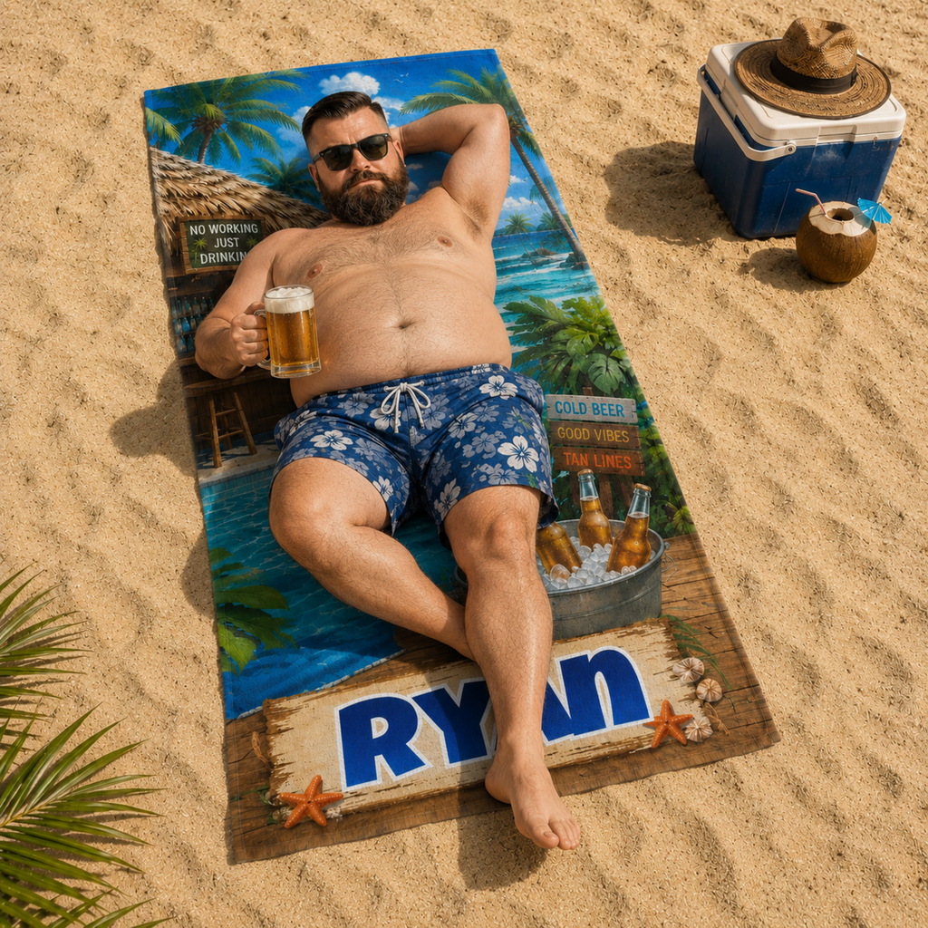Personalized Poolside Beer Towel, Custom Face Name Funny Tropical Vacation Gift.