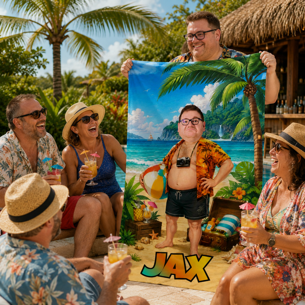 Personalized Tourist Beach Towel, Custom Face Name Funny Vacation Gift
