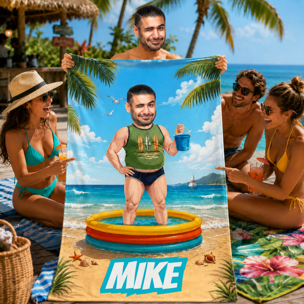 Custom Funny Beach Towel, Personalized Pool Float Face Towel, Summer Gift for Him
