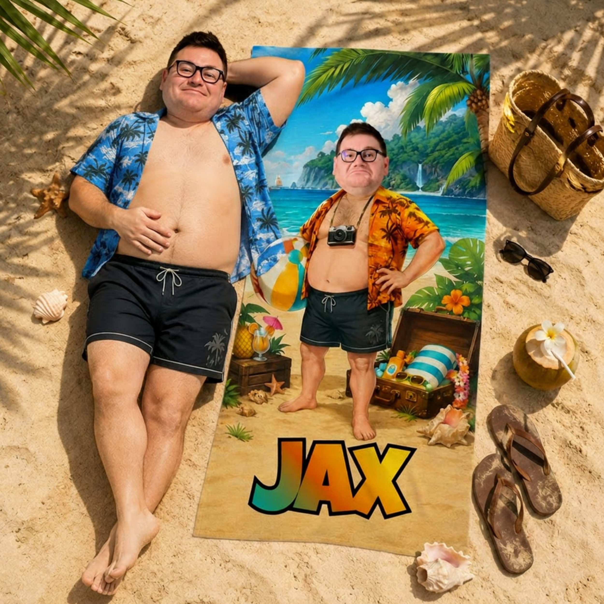 Personalized Tourist Beach Towel, Custom Face Name Funny Vacation Gift
