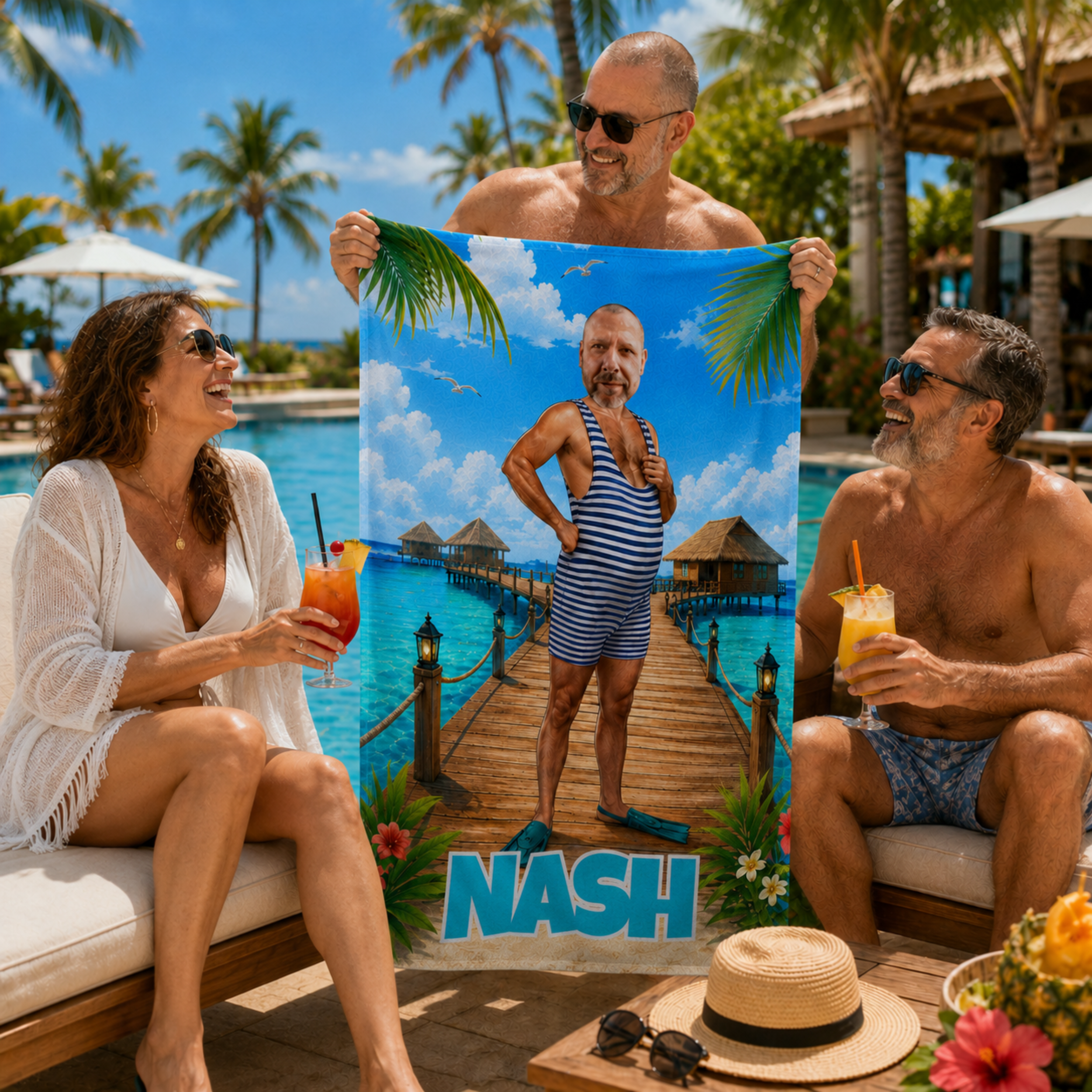 Personalized Striped Swimsuit Beach Towel, Custom Face Name Funny Vacation Gift