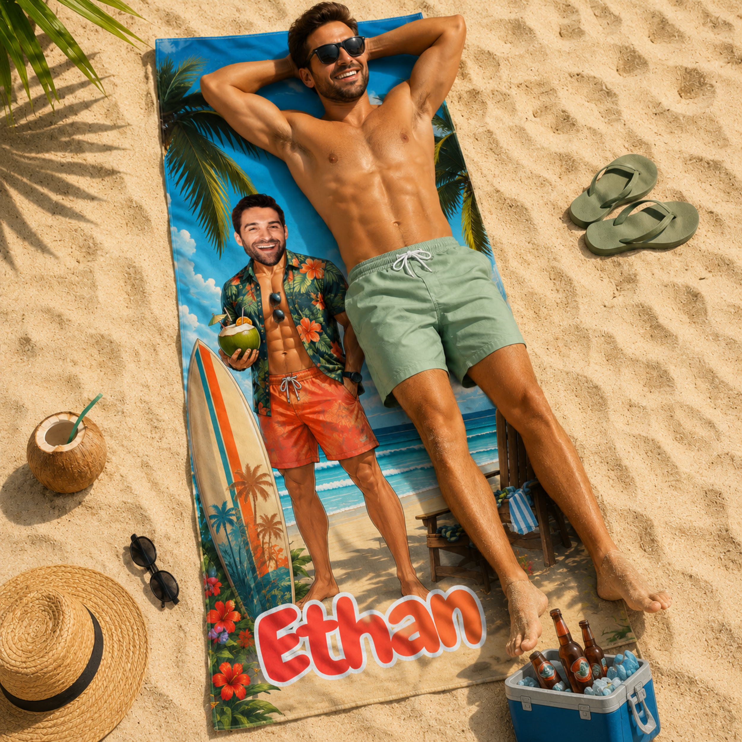 Personalized Hawaiian Surf Beach Towel, Custom Face Name Tropical Vacation Gift.