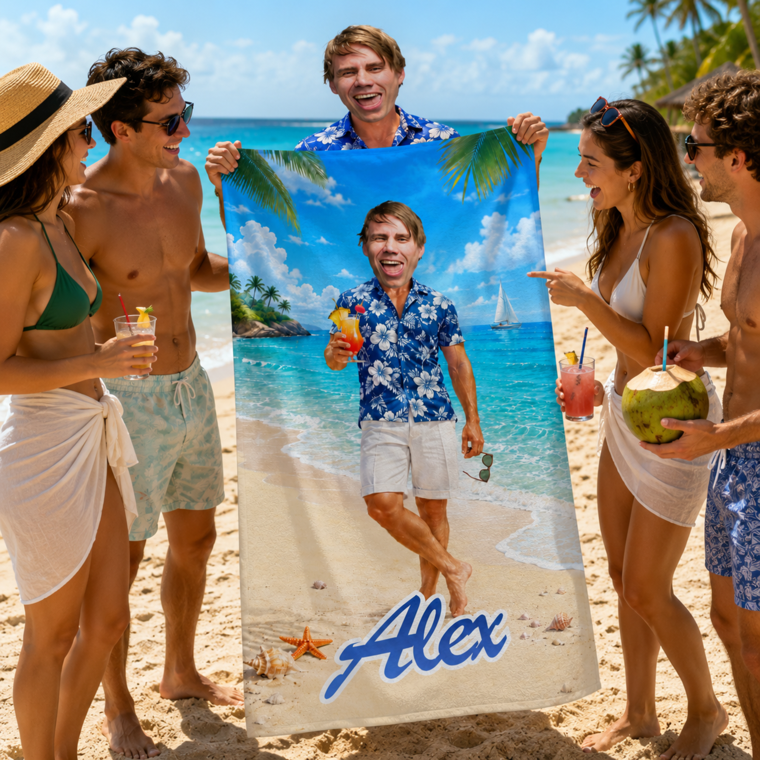 Personalized Hawaiian Beach Towel, Custom Face Name Funny Vacation Gift.