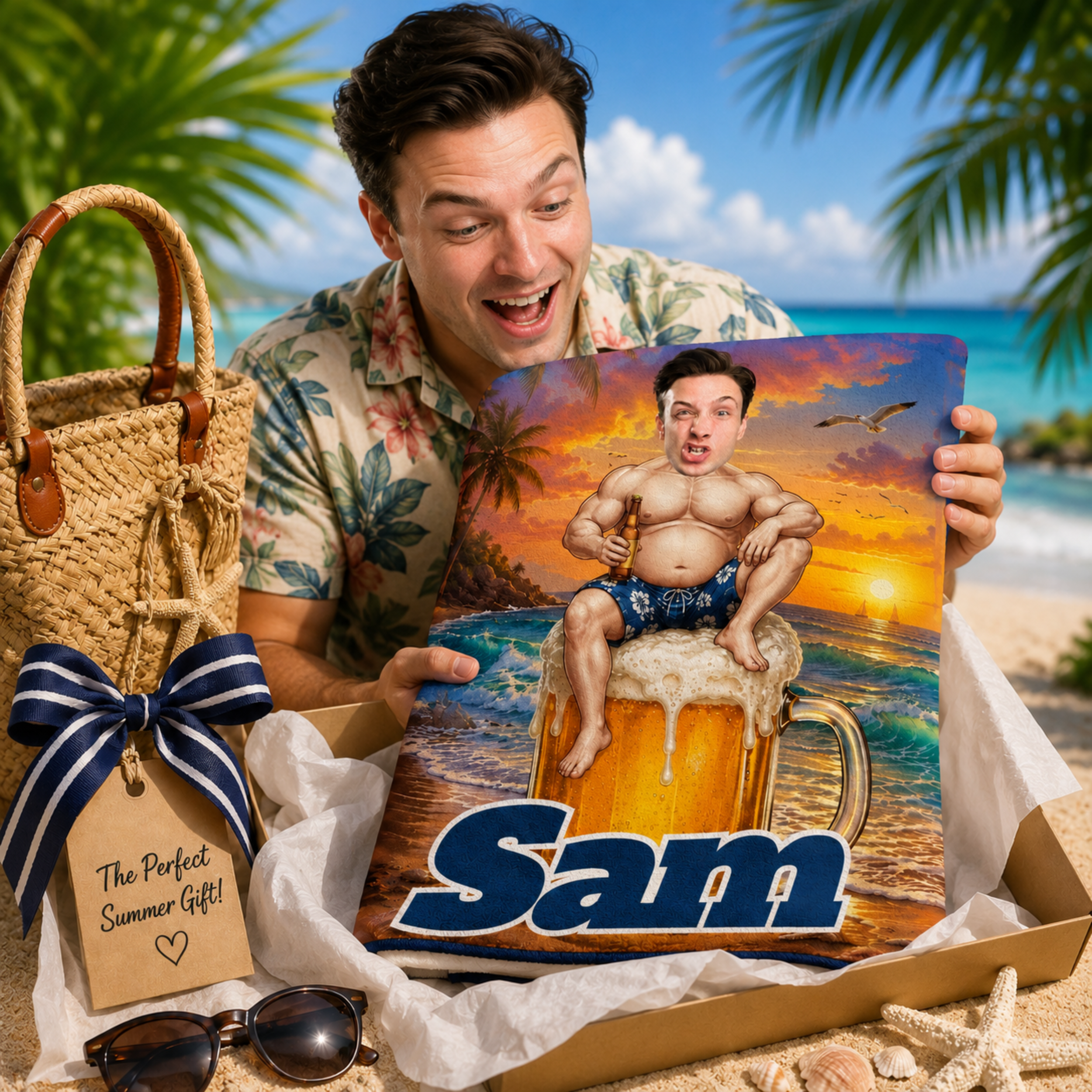 Custom Funny Beach Towel, Personalized Beer Mug Face Towel, Summer Gift for Him