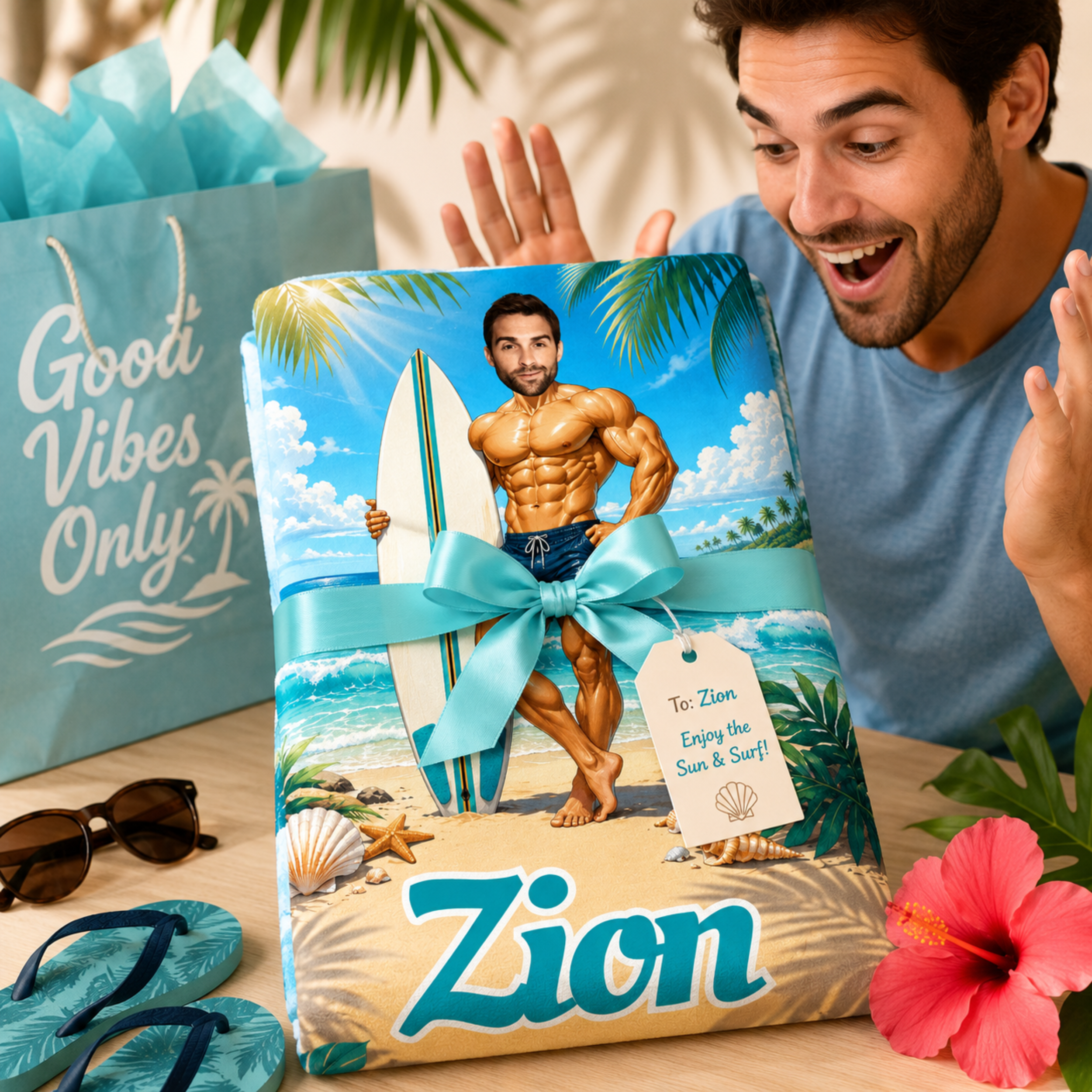 Personalized Surfboard Beach Towel, Custom Face Name Funny Vacation Gift.