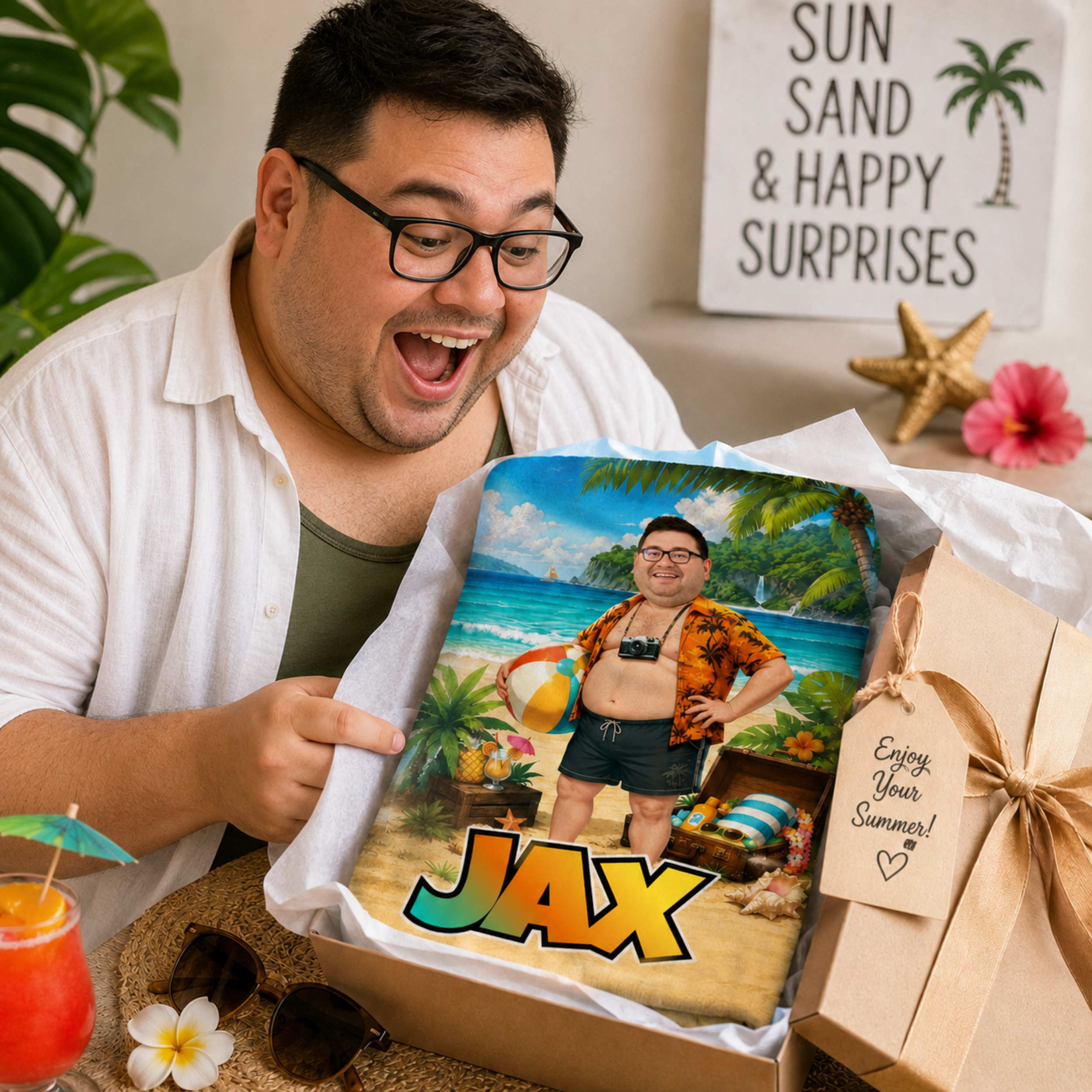Personalized Tourist Beach Towel, Custom Face Name Funny Vacation Gift