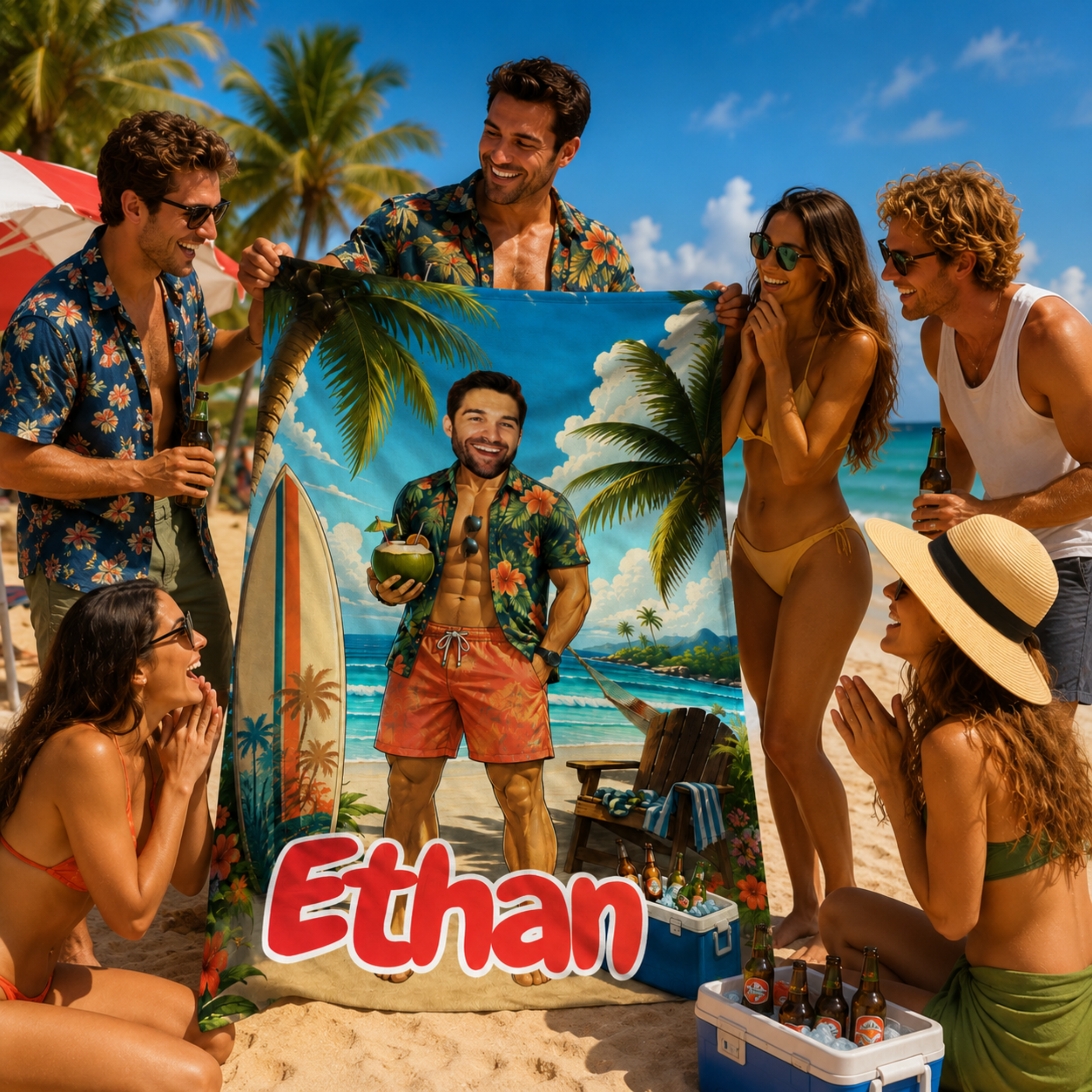 Personalized Hawaiian Surf Beach Towel, Custom Face Name Tropical Vacation Gift.