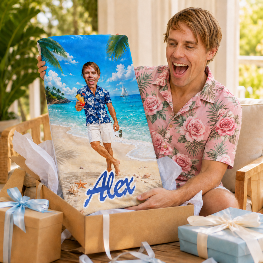 Personalized Hawaiian Beach Towel, Custom Face Name Funny Vacation Gift.