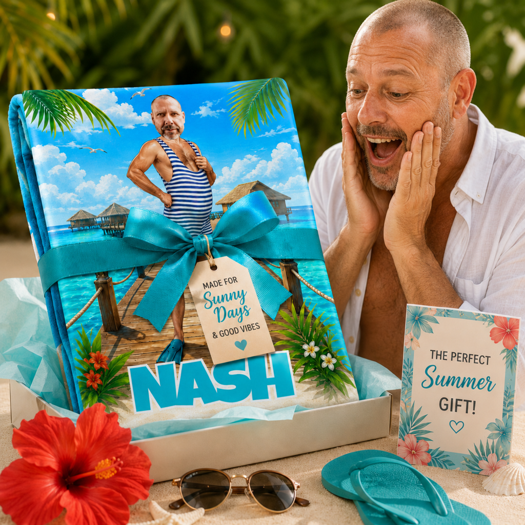 Personalized Striped Swimsuit Beach Towel, Custom Face Name Funny Vacation Gift