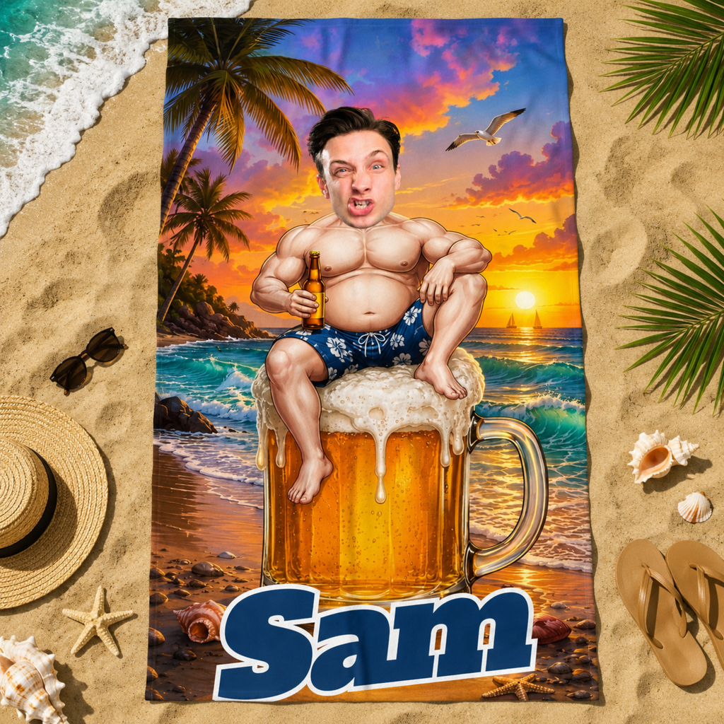 Custom Funny Beach Towel, Personalized Beer Mug Face Towel, Summer Gift for Him