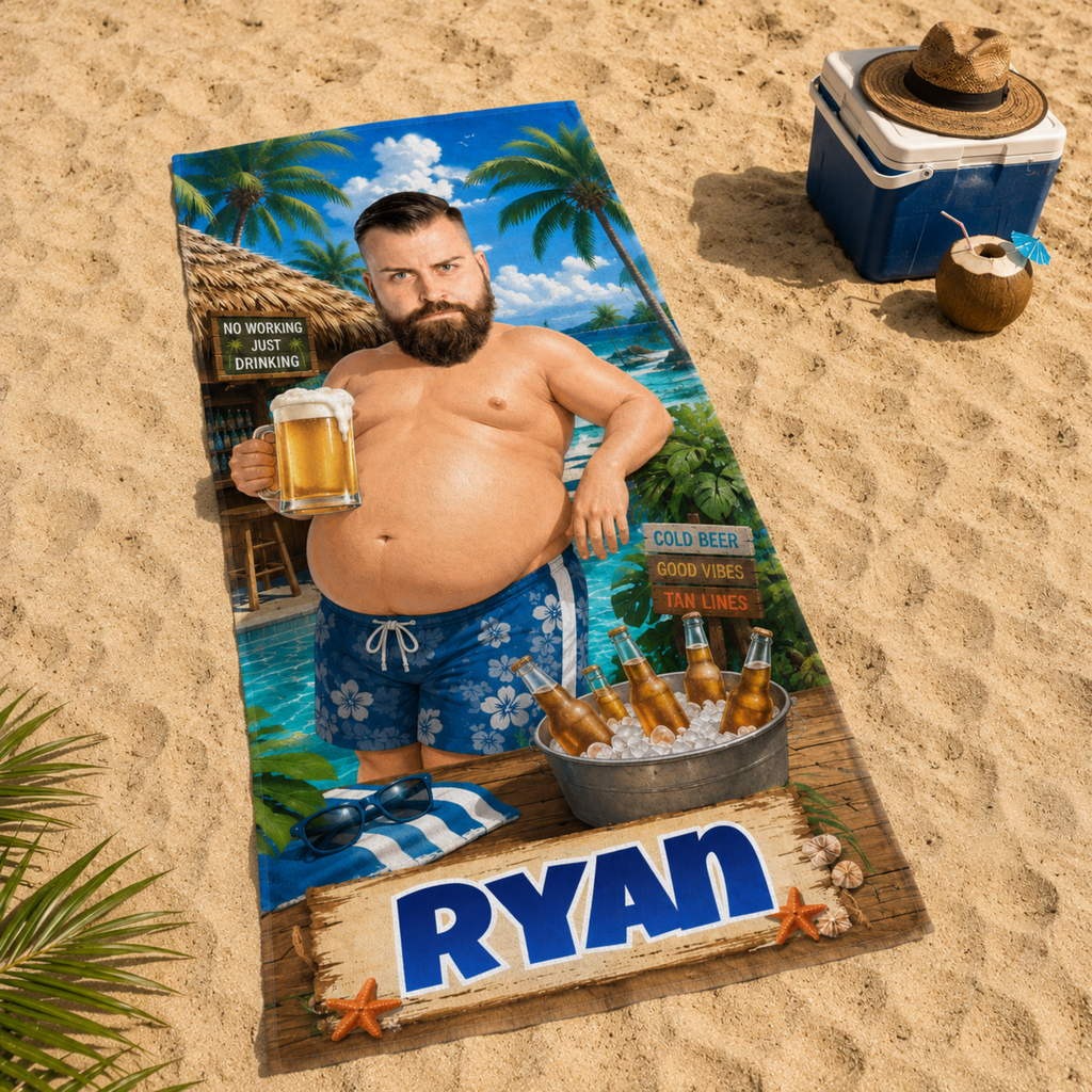 Personalized Poolside Beer Towel, Custom Face Name Funny Tropical Vacation Gift.