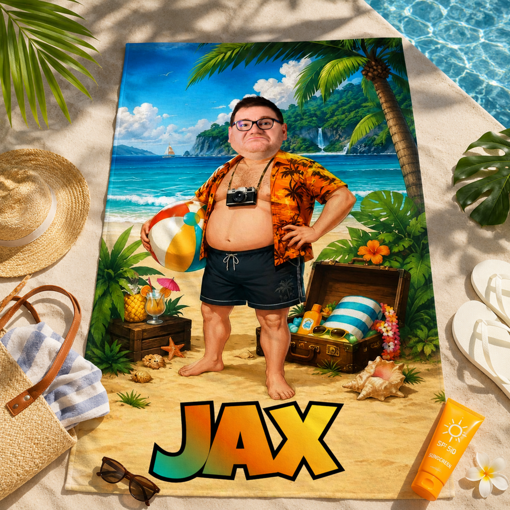 Personalized Tourist Beach Towel, Custom Face Name Funny Vacation Gift
