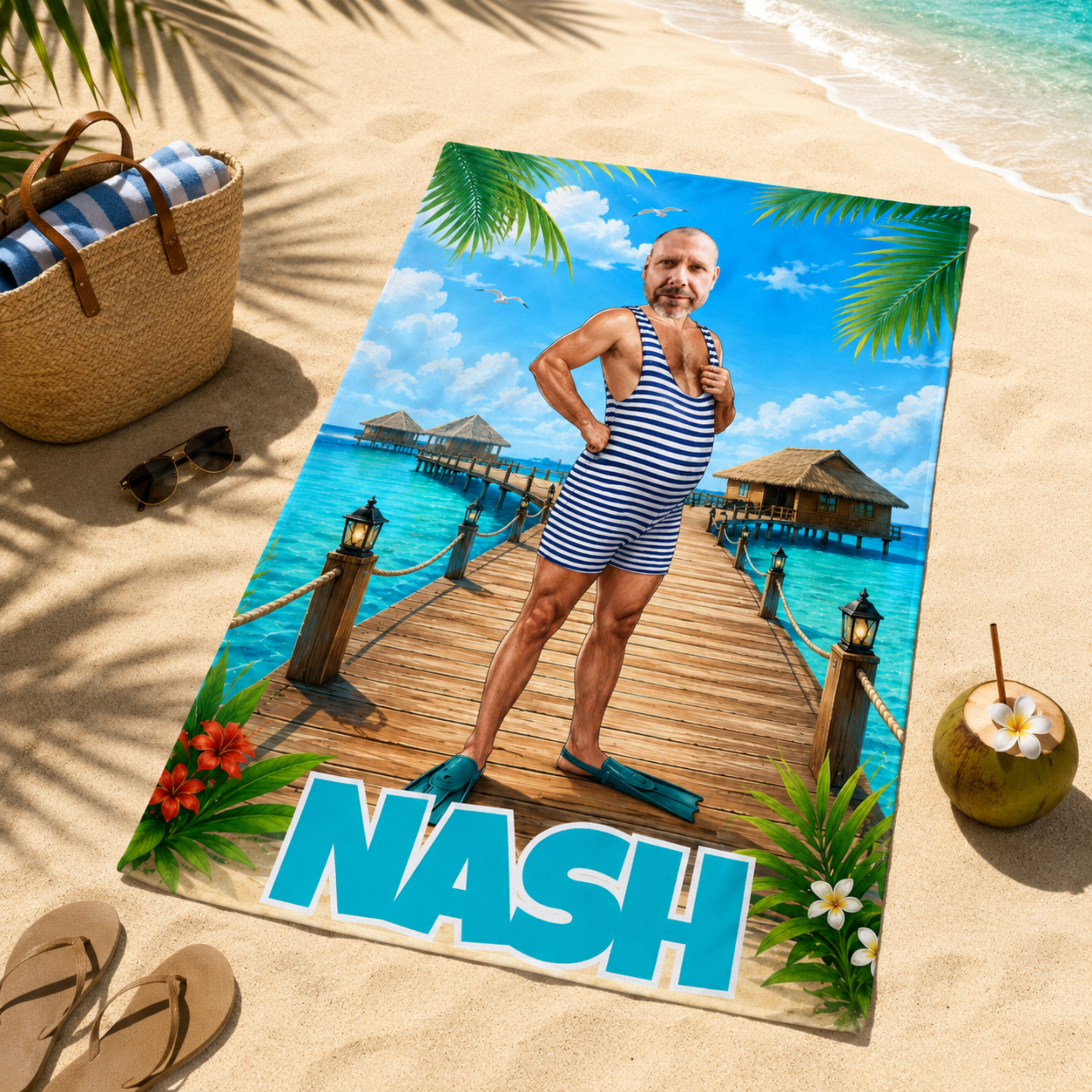 Personalized Striped Swimsuit Beach Towel, Custom Face Name Funny Vacation Gift