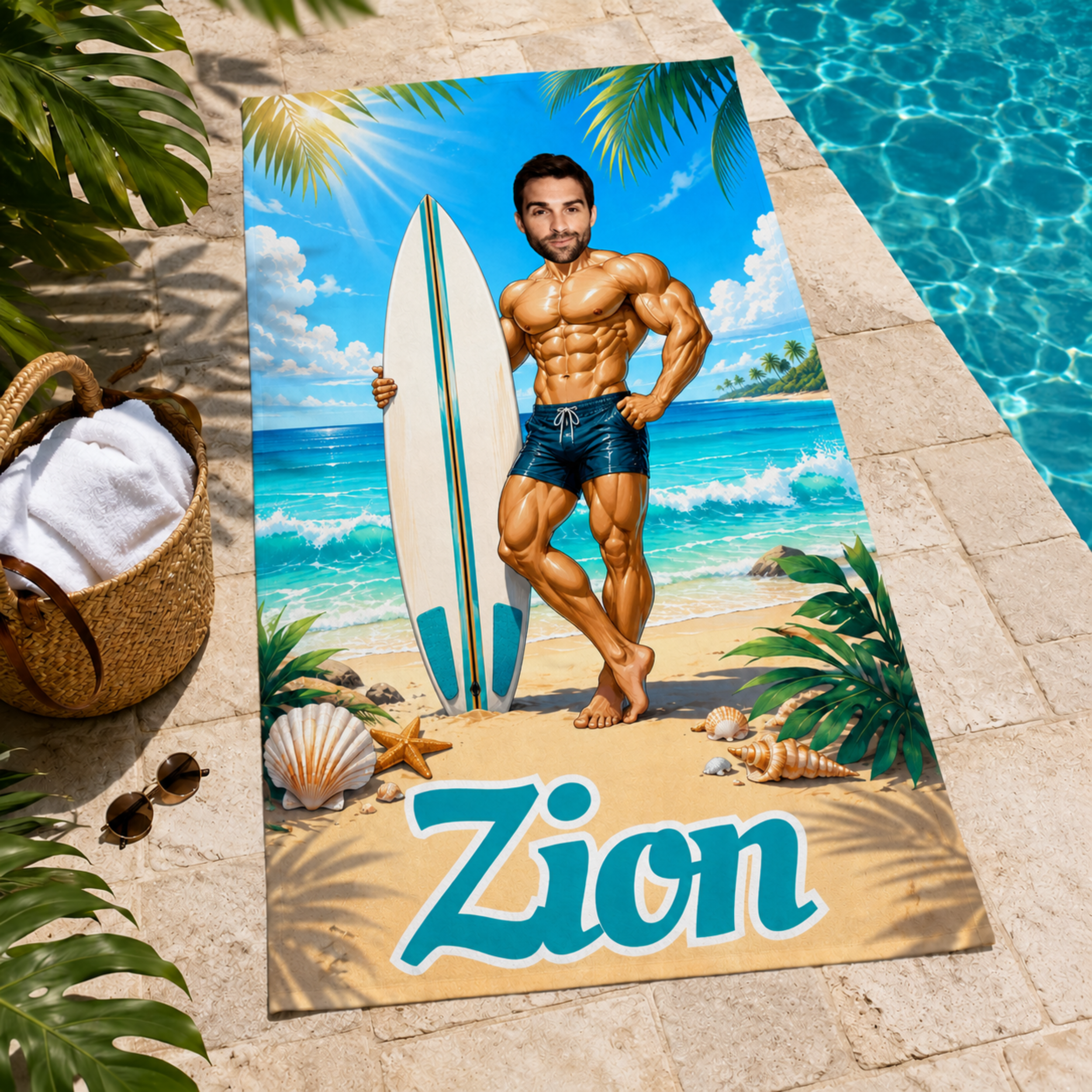 Personalized Surfboard Beach Towel, Custom Face Name Funny Vacation Gift.