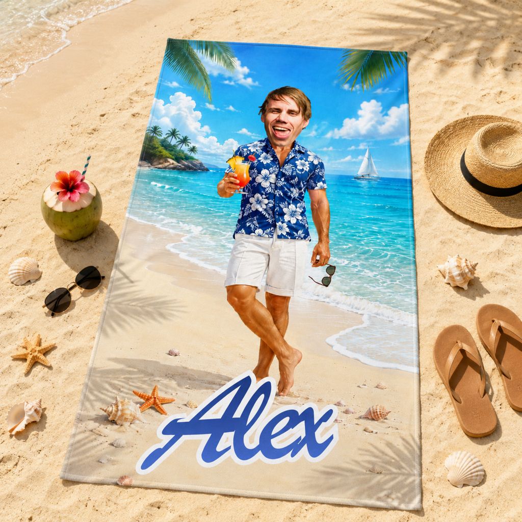 Personalized Hawaiian Beach Towel, Custom Face Name Funny Vacation Gift.