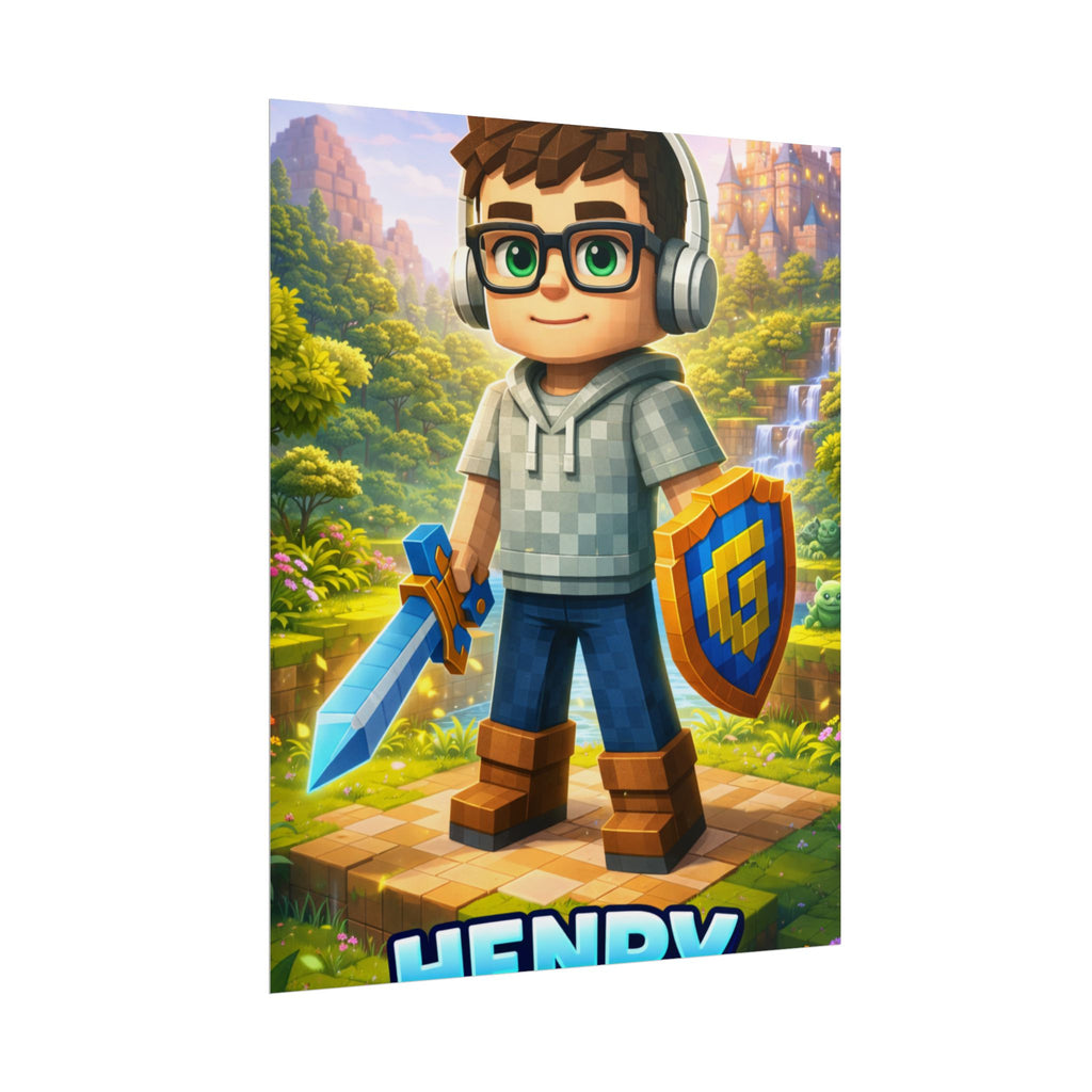 Personalized Pixel Gamer Poster, Custom Child Face Wall Art, Block Style Kids Room Decor, Birthday Gift for Gamer Boy.