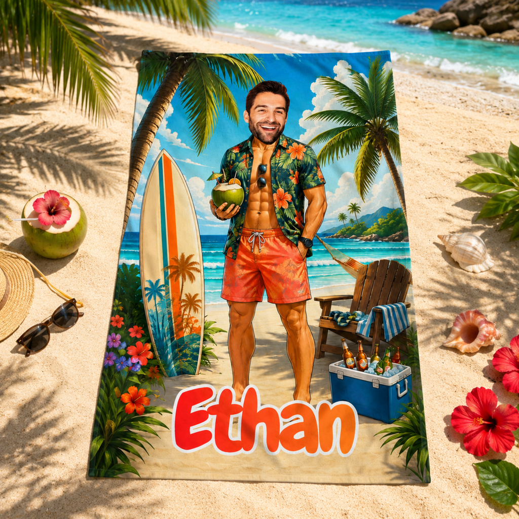 Personalized Hawaiian Surf Beach Towel, Custom Face Name Tropical Vacation Gift.