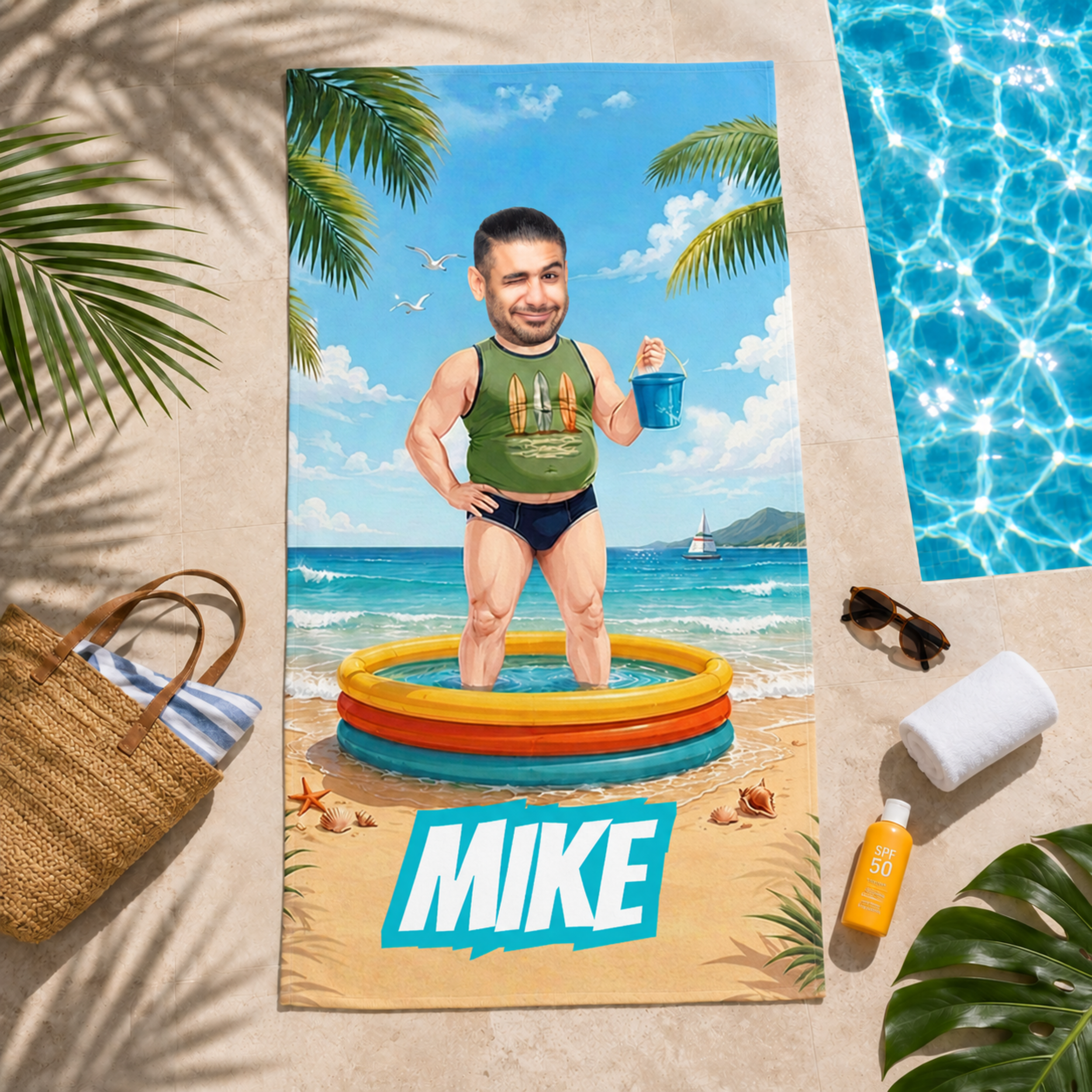 Custom Funny Beach Towel, Personalized Pool Float Face Towel, Summer Gift for Him