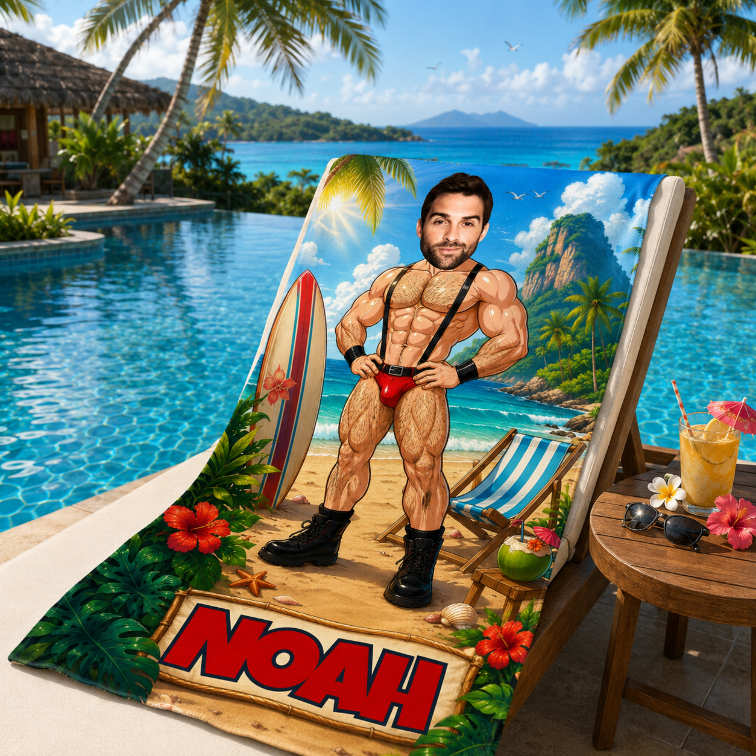 Personalized Muscle Beach Towel, Custom Face Name Funny Vacation Gift.