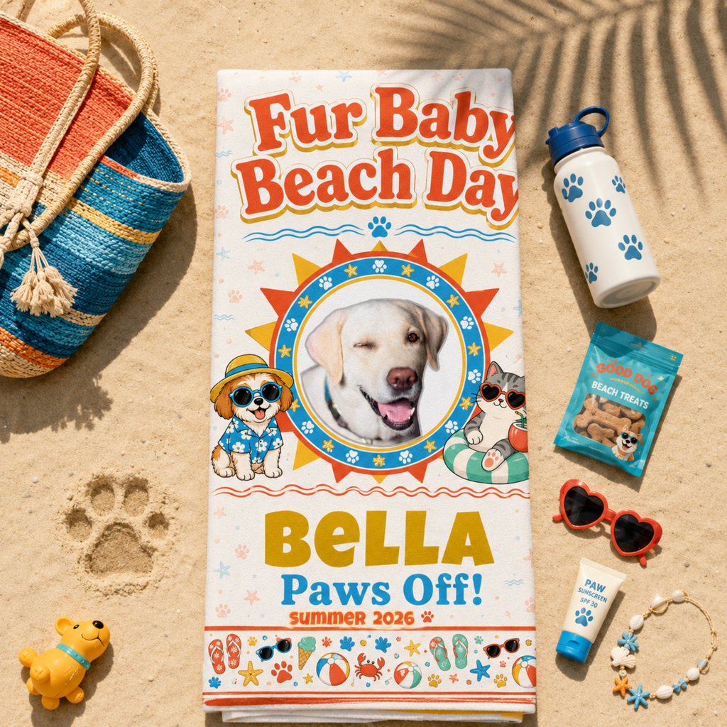 Personalized Dog Beach Towel, Custom Pet Towel with Photo & Name, Fur Baby Beach Day Towel, Dog Mom Gift, Summer Beach Towel.