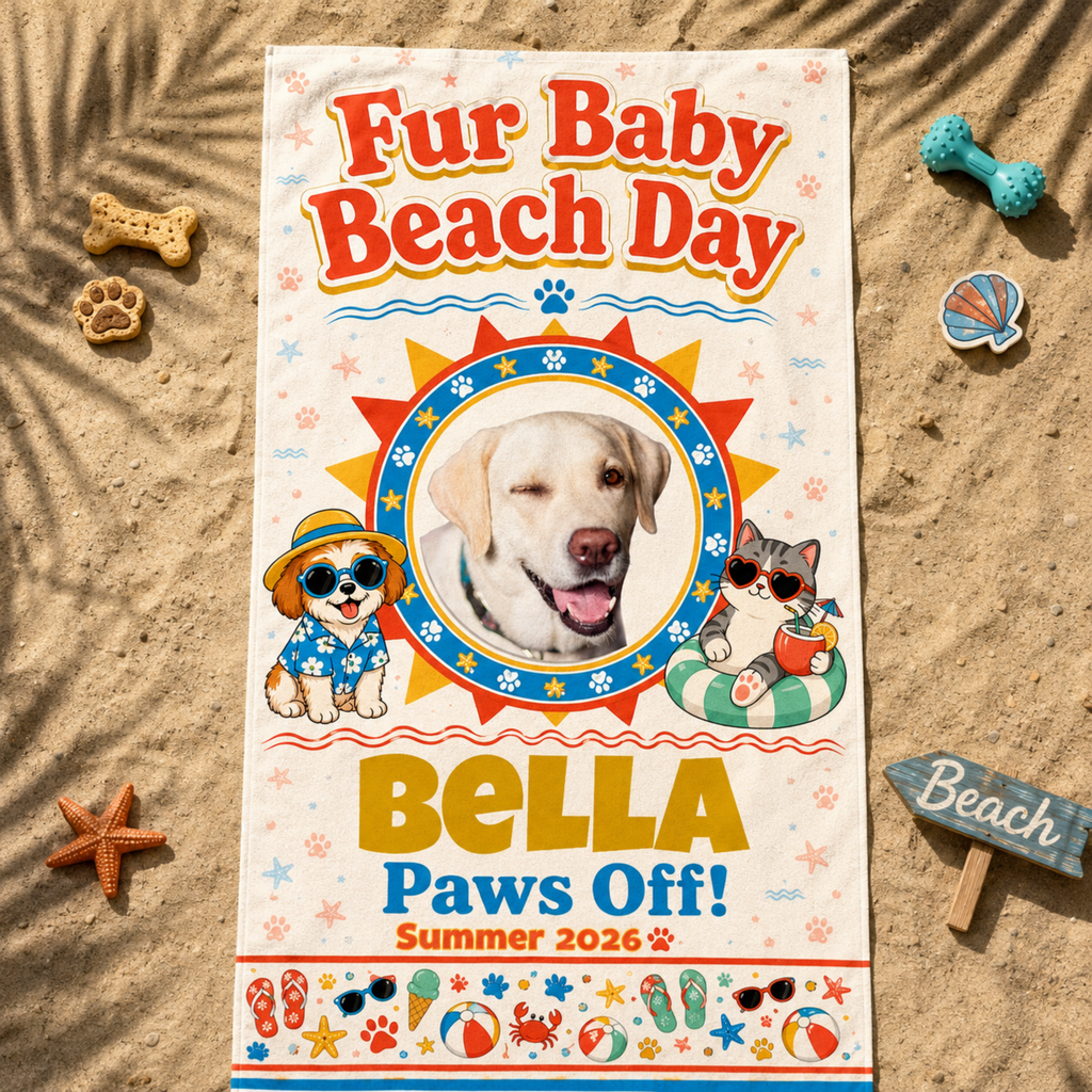 Personalized Dog Beach Towel, Custom Pet Towel with Photo & Name, Fur Baby Beach Day Towel, Dog Mom Gift, Summer Beach Towel.