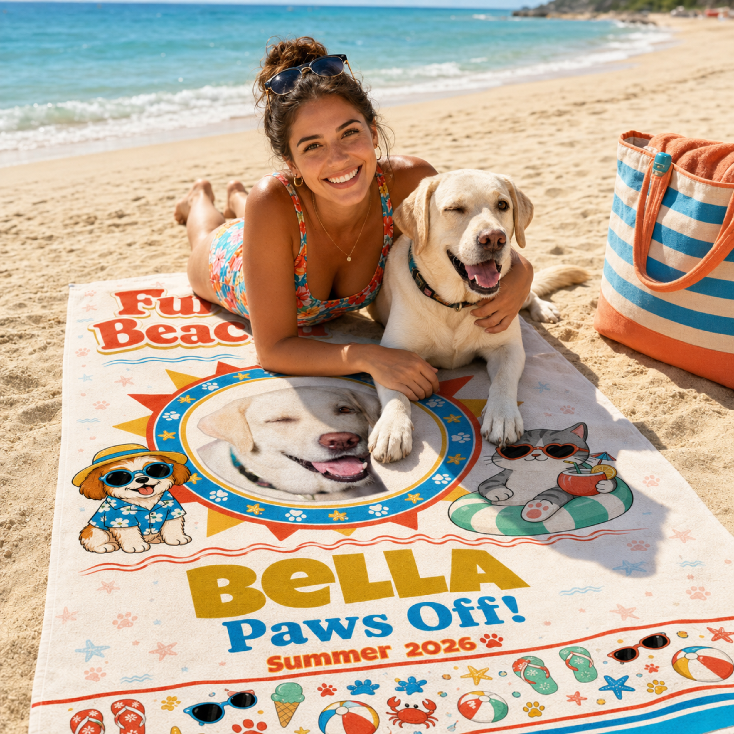Personalized Dog Beach Towel, Custom Pet Towel with Photo & Name, Fur Baby Beach Day Towel, Dog Mom Gift, Summer Beach Towel.