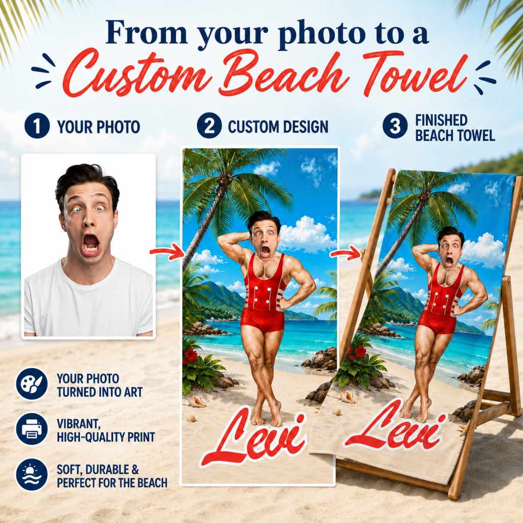 Personalized Retro Swimsuit Beach Towel, Custom Face Name Funny Vacation Gift.