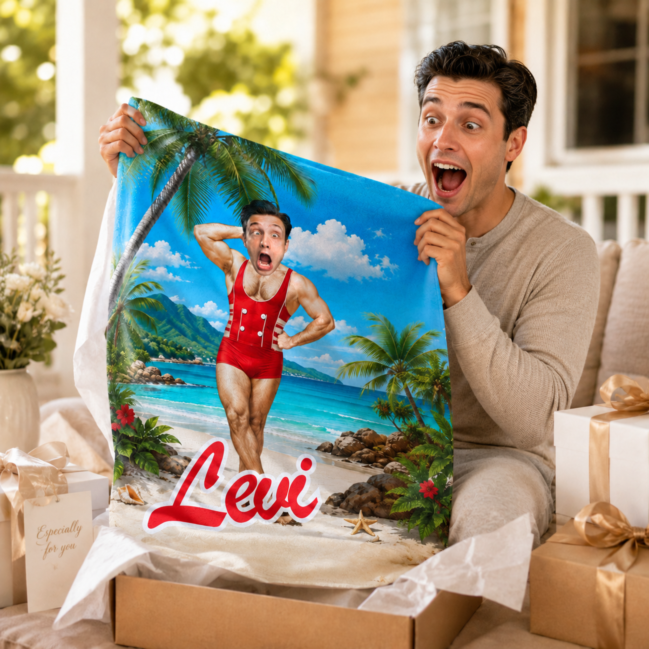 Personalized Retro Swimsuit Beach Towel, Custom Face Name Funny Vacation Gift.