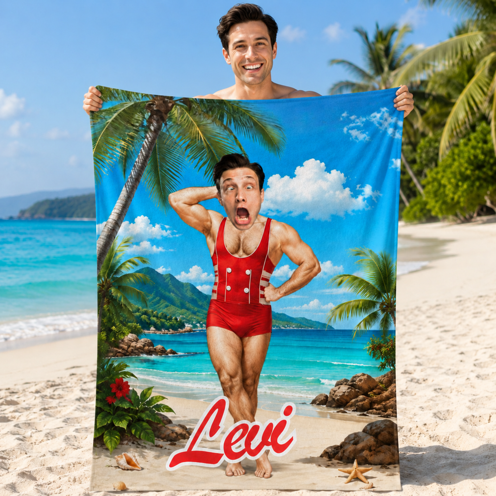 Personalized Retro Swimsuit Beach Towel, Custom Face Name Funny Vacation Gift.