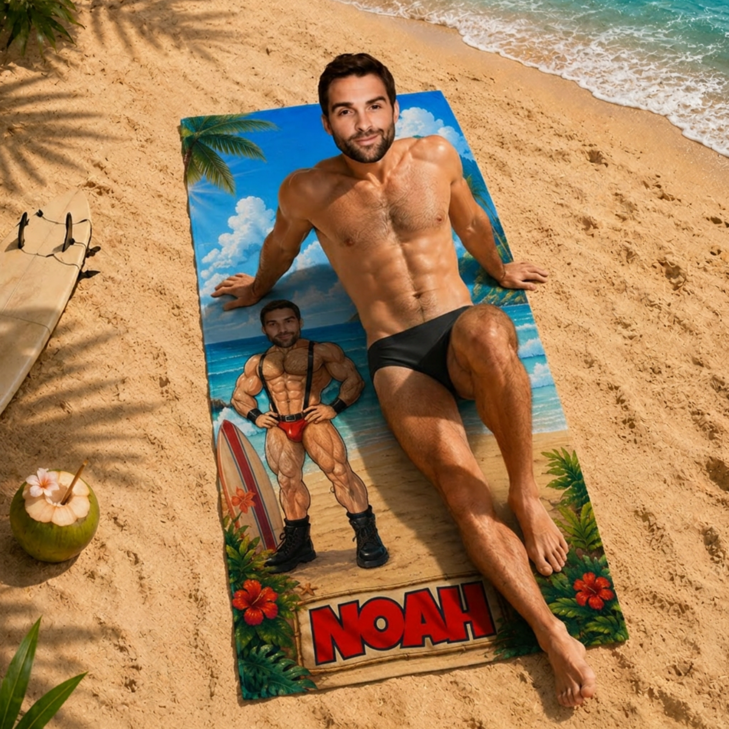 Personalized Muscle Beach Towel, Custom Face Name Funny Vacation Gift.