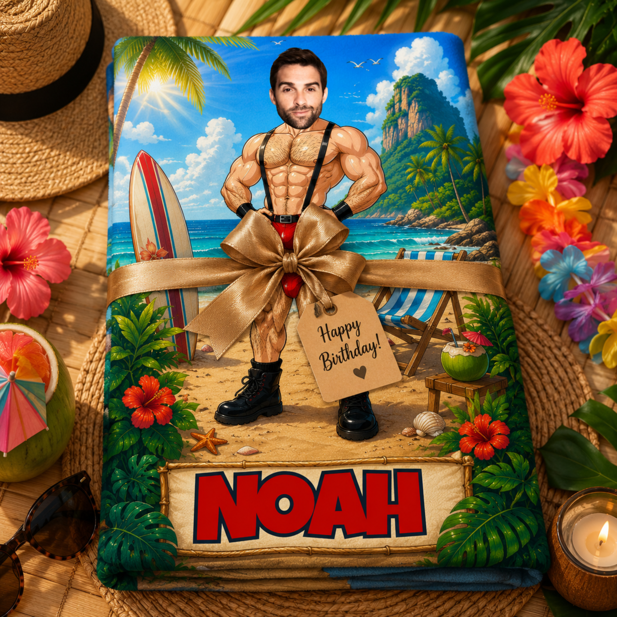 Personalized Muscle Beach Towel, Custom Face Name Funny Vacation Gift.