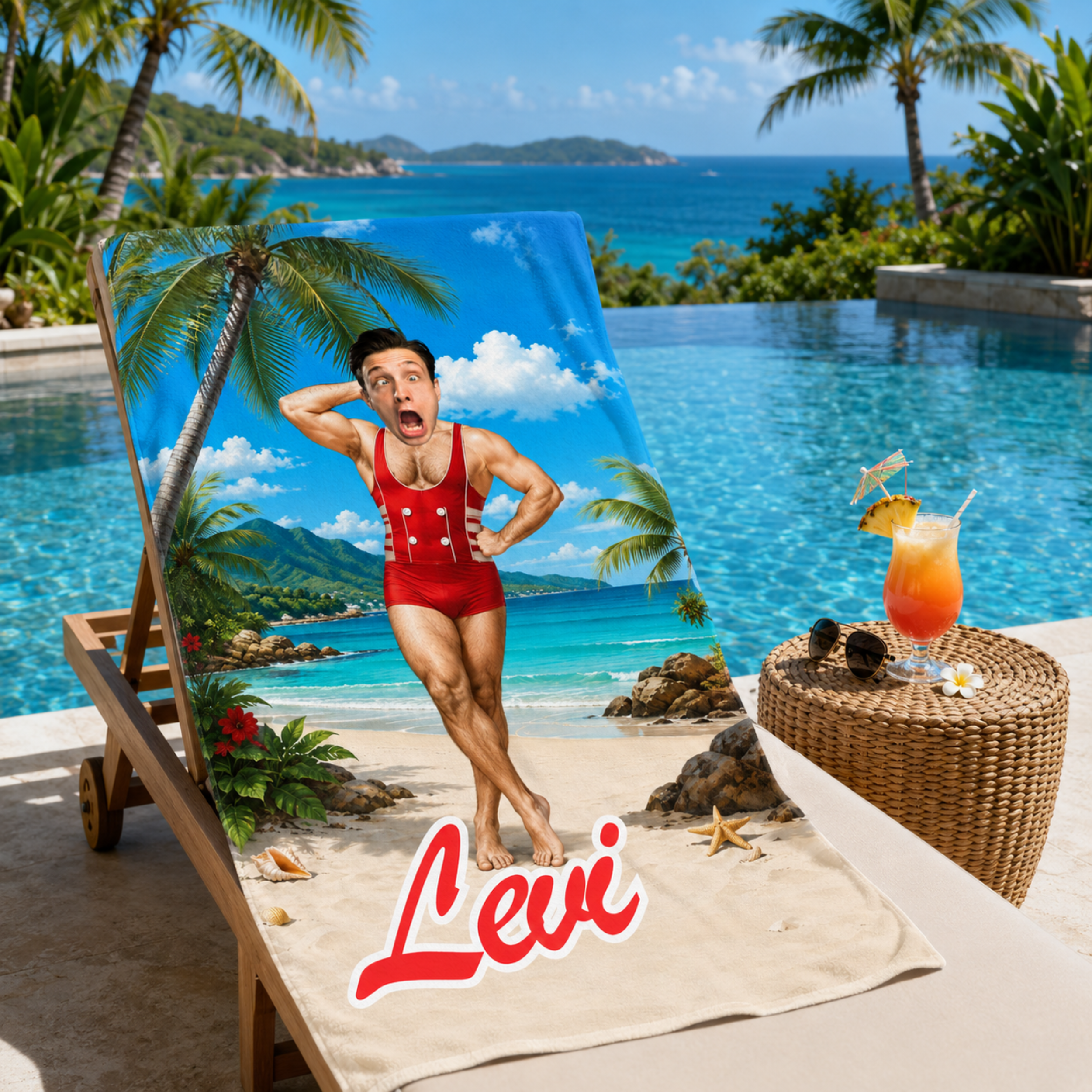 Personalized Retro Swimsuit Beach Towel, Custom Face Name Funny Vacation Gift.