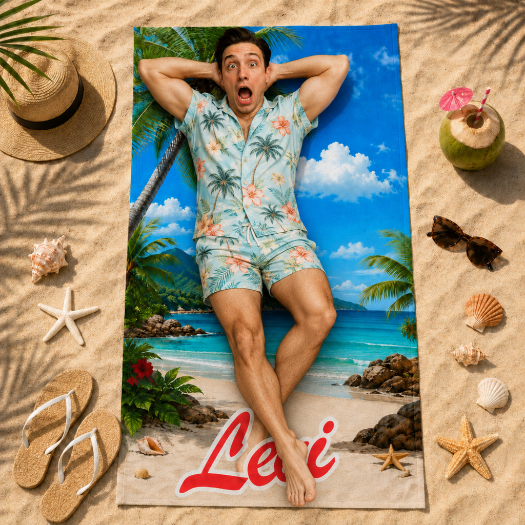 Personalized Retro Swimsuit Beach Towel, Custom Face Name Funny Vacation Gift.
