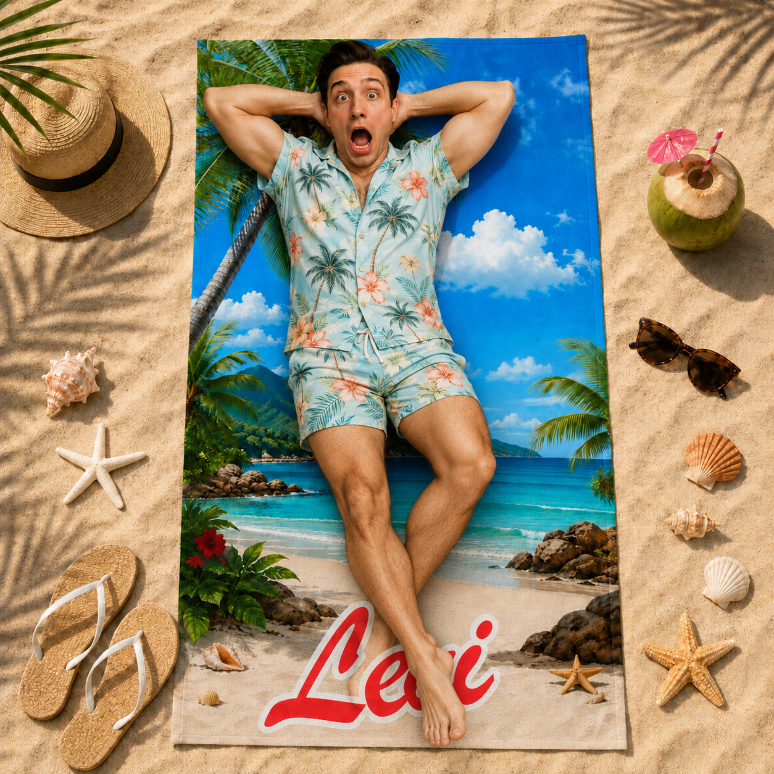 Personalized Retro Swimsuit Beach Towel, Custom Face Name Funny Vacation Gift.