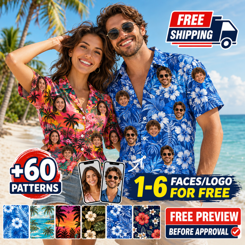 Custom Face Hawaiian Shirt, Personalized Photo Aloha Shirt for Men Women Kids, Tropical Vacation Shirt, Dad Father’s Day Gift.