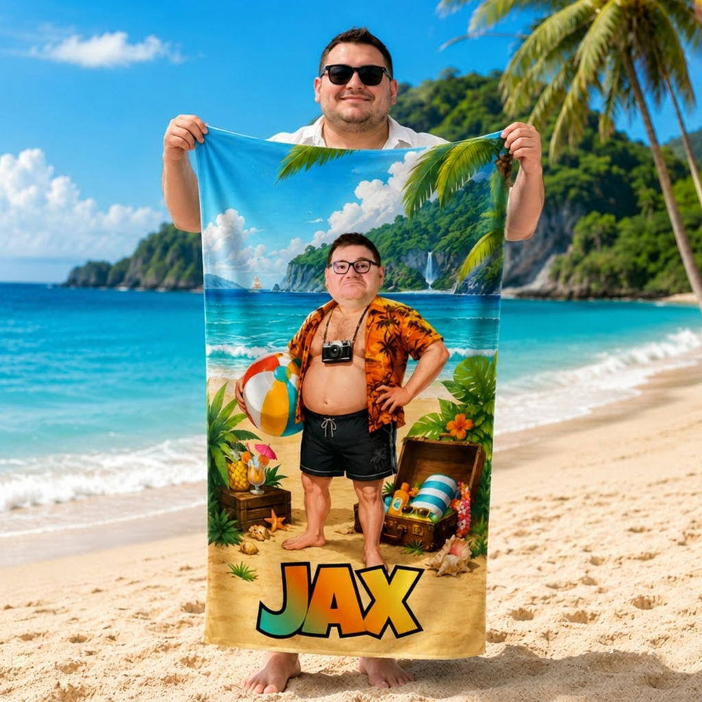 Personalized Tourist Beach Towel, Custom Face Name Funny Vacation Gift
