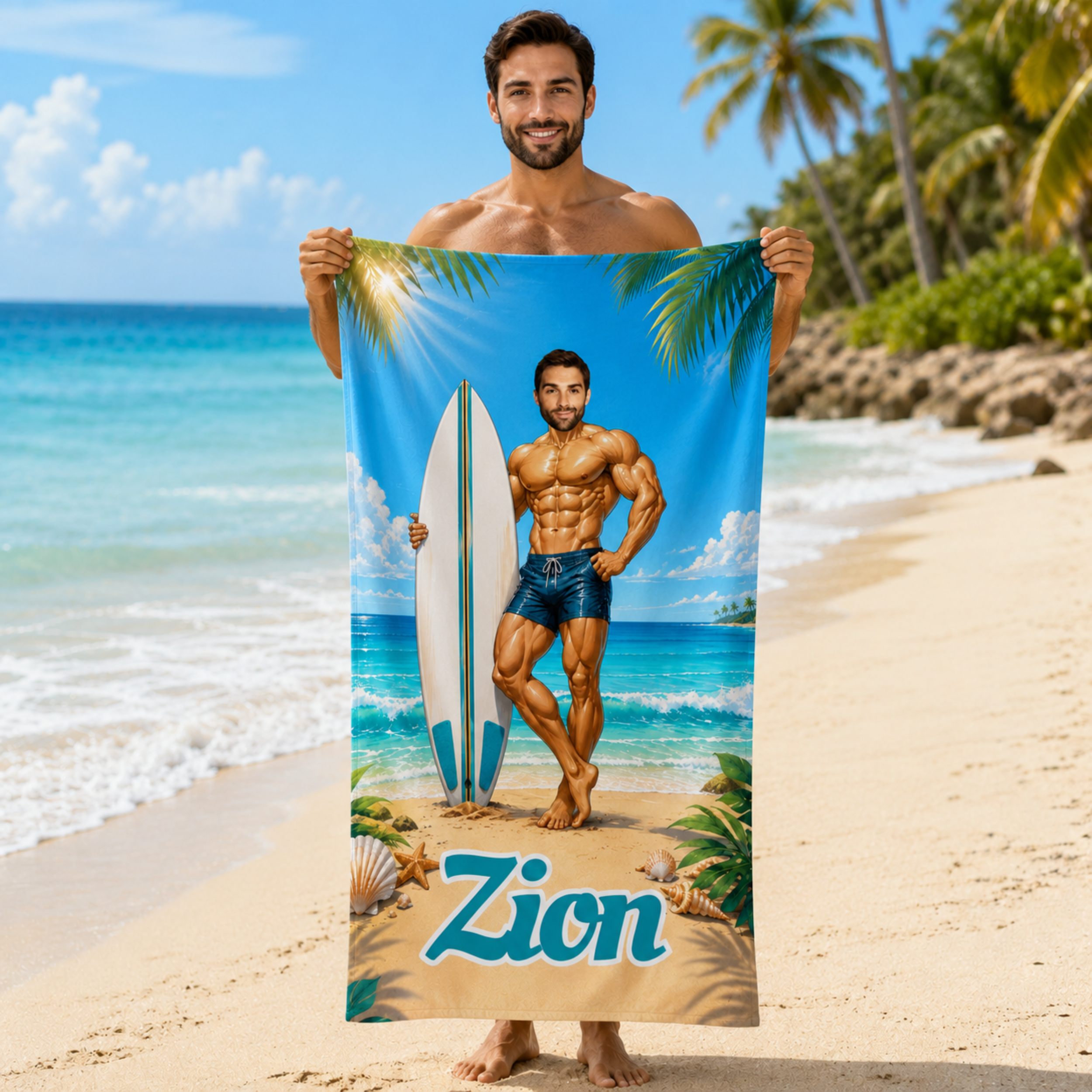 Personalized Surfboard Beach Towel, Custom Face Name Funny Vacation Gift.