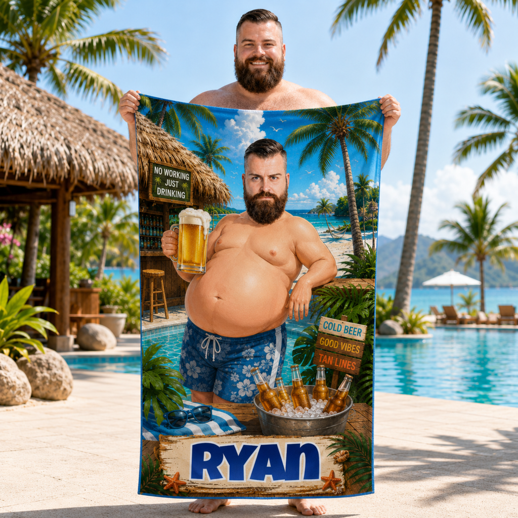 Personalized Poolside Beer Towel, Custom Face Name Funny Tropical Vacation Gift.