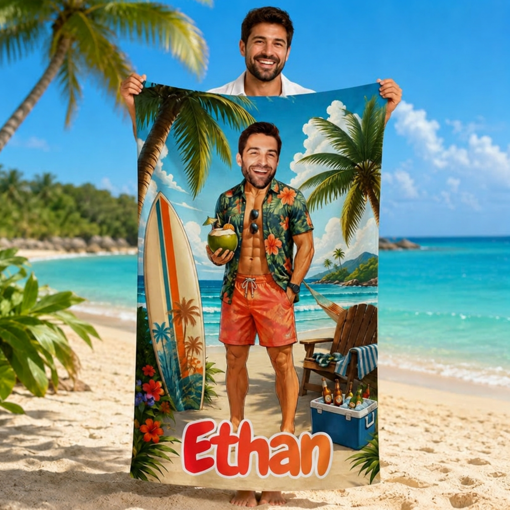 Personalized Hawaiian Surf Beach Towel, Custom Face Name Tropical Vacation Gift.