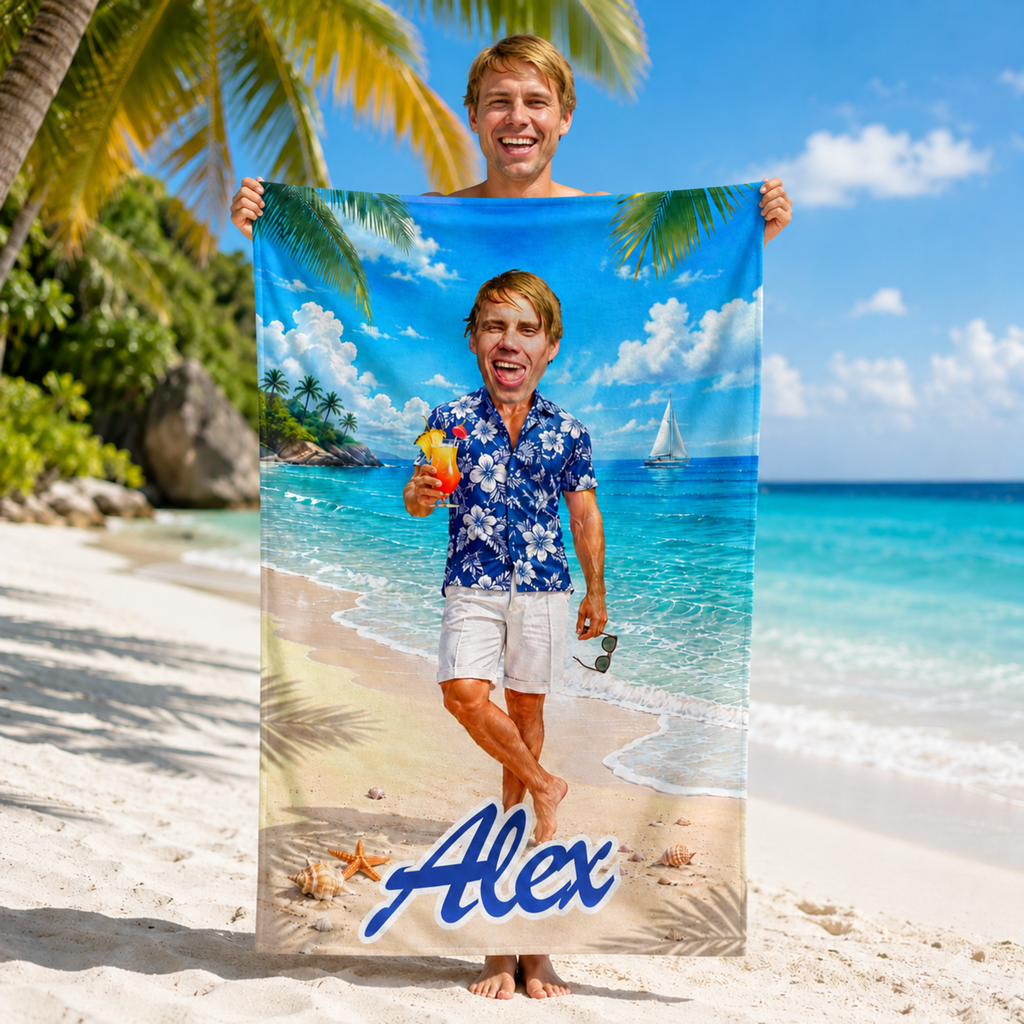 Personalized Hawaiian Beach Towel, Custom Face Name Funny Vacation Gift.