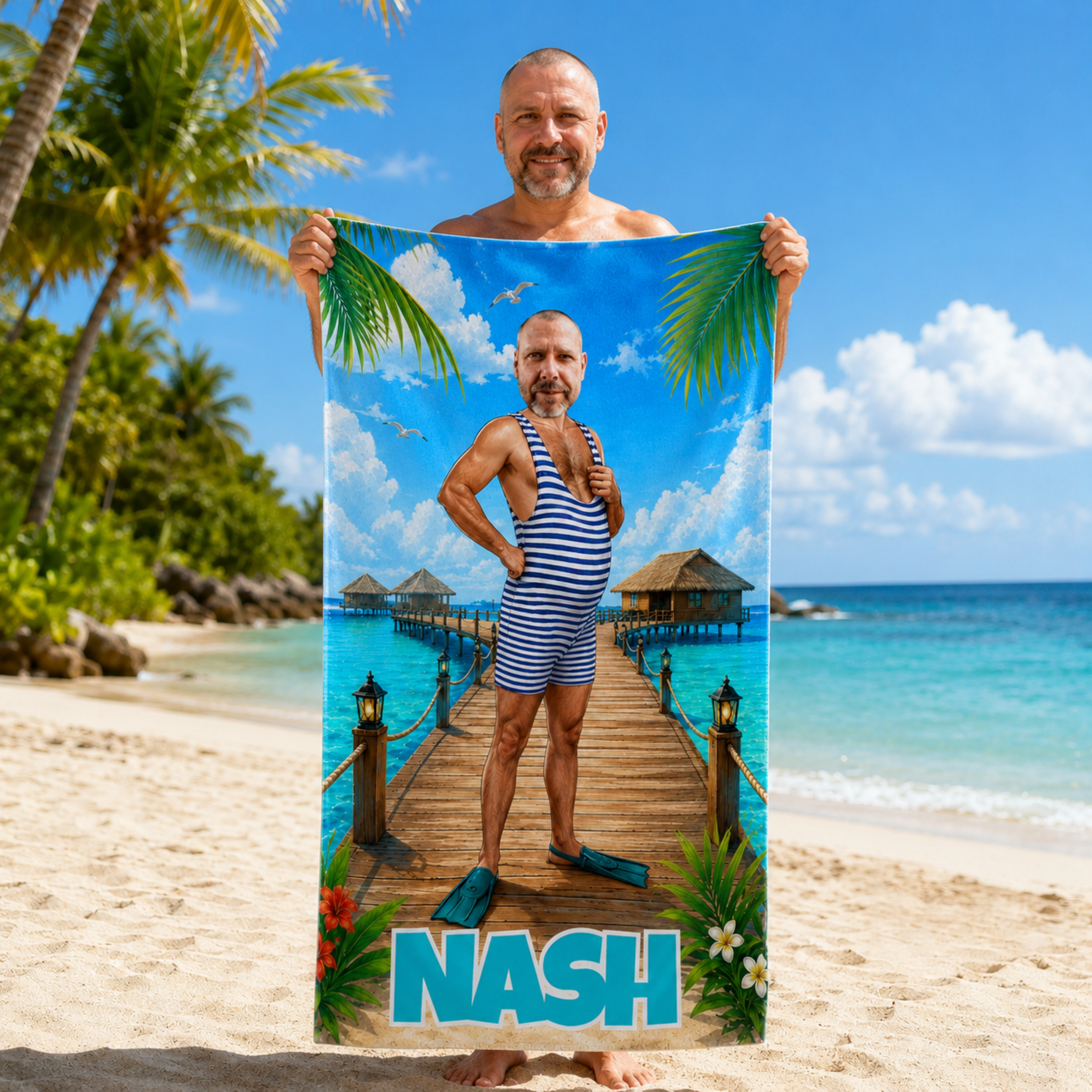 Personalized Striped Swimsuit Beach Towel, Custom Face Name Funny Vacation Gift