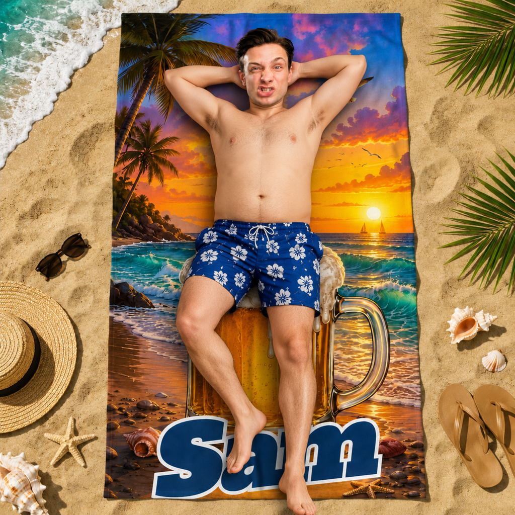 Custom Funny Beach Towel, Personalized Beer Mug Face Towel, Summer Gift for Him