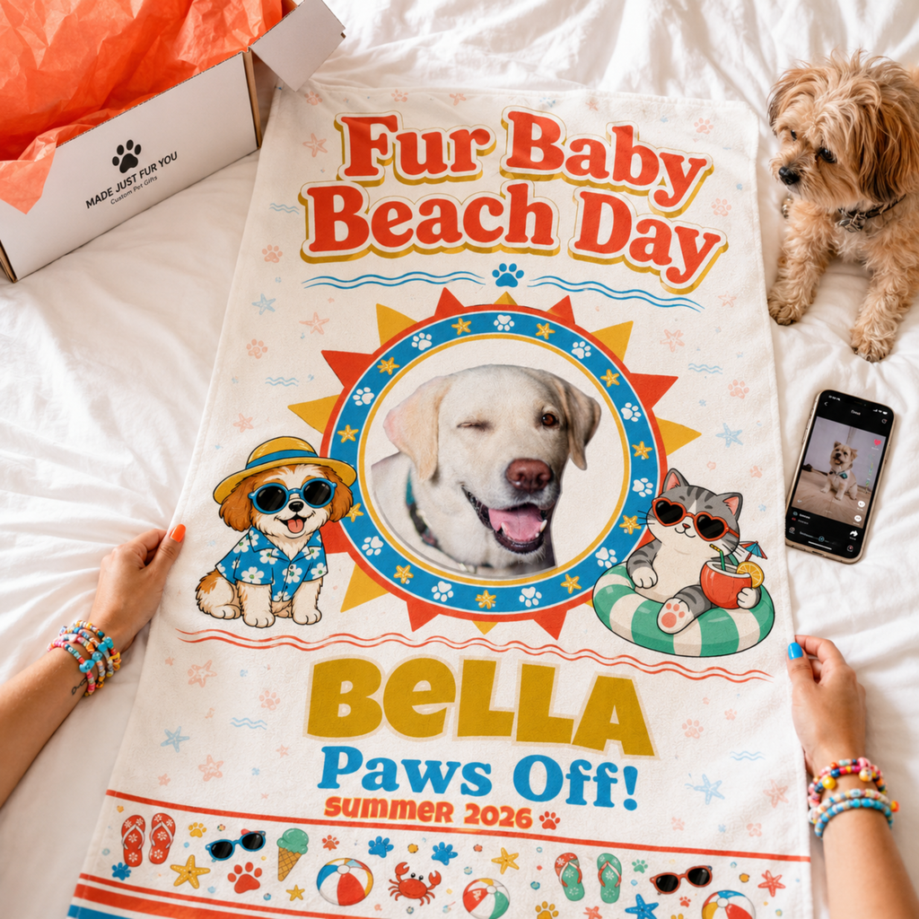 Personalized Dog Beach Towel, Custom Pet Towel with Photo & Name, Fur Baby Beach Day Towel, Dog Mom Gift, Summer Beach Towel.